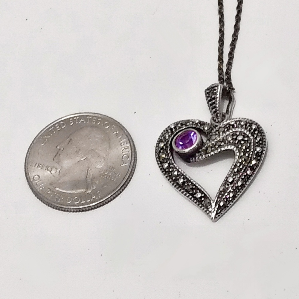 Vintage Designer Judith Jack Sterling Silver, Amethyst Marcasite Heart Neckl - Picture 6 of 8